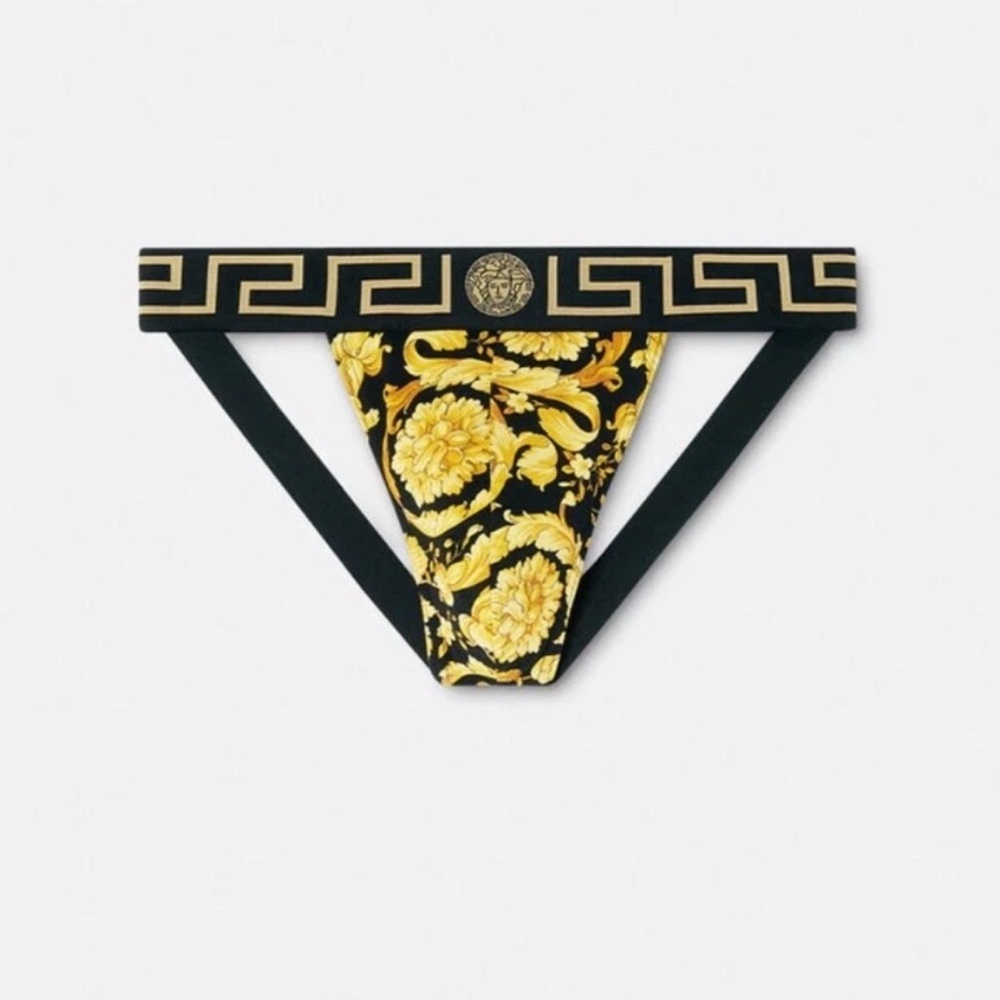 Versace Stretch Cotton Barocco Jock Strap Yellow Black Greca XL  NIB